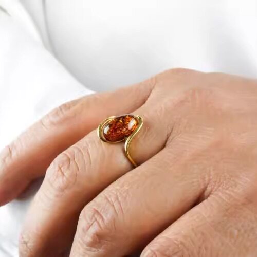 加拿大代购Ring㊣ 手作华丽椭圆形波罗海琥珀镶嵌简约18K镀金戒指