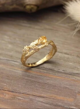 女14K金复古天然黄水晶镶嵌戒指