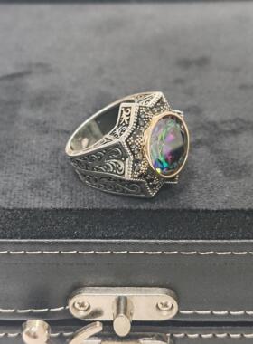 天然苏坦石镶嵌纯银雕刻多色戒指