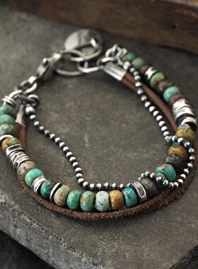 绿松石串珠棕色皮革氧化纯银手链