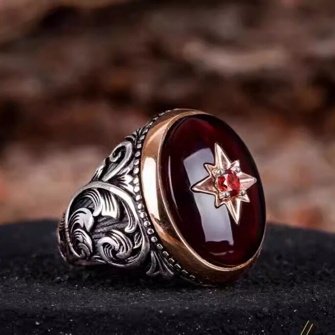 乌克兰代购Ring㊣ 手作红锆石镶嵌星星红玛瑙宝石复古纯银戒指