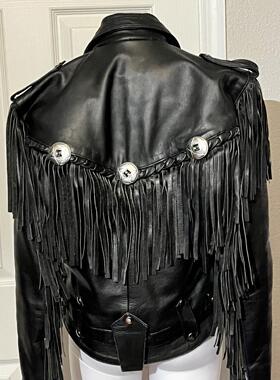 美国代购Concho◇古着黑色真皮流苏腰带皮革吉普赛机车夹克皮衣