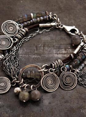 蓝色闪光拉长石宝石纯银手链复古