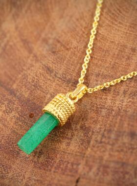 天然祖母绿六边形纯银镀金项链