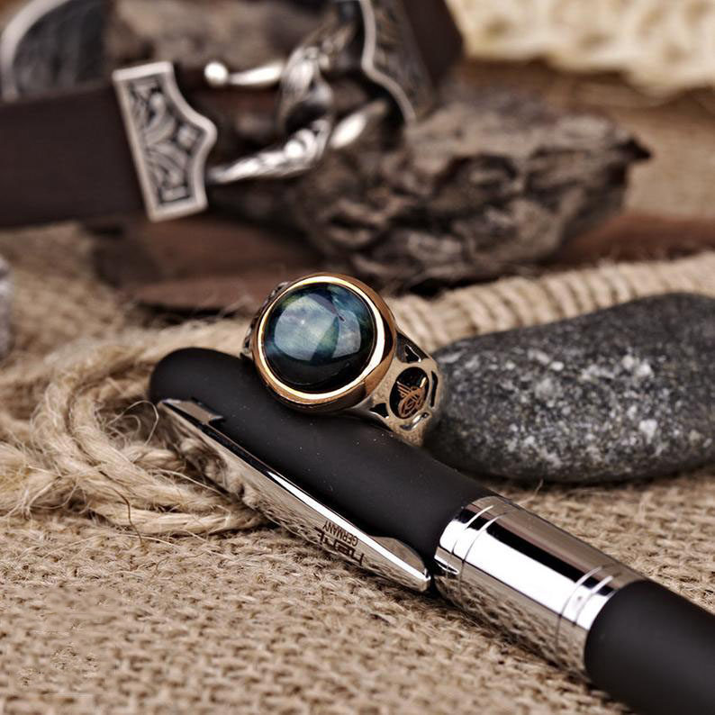 海外代购Blue◇手作蓝色虎眼石宝石镶嵌纯银周年纪念男士结婚戒指