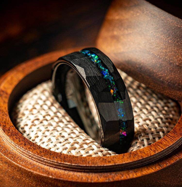 海外代购Jewelry▼碎银河蛋白石男式锤击周年纪念订婚钨钢戒指