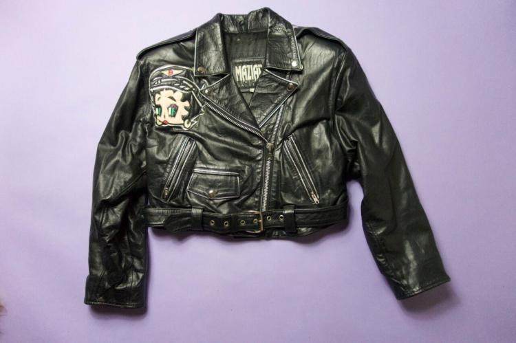 美国代购Black◇古着复古90年代漫画人物摩托车机车女士夹克皮衣