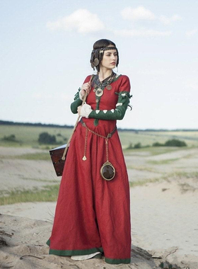 Dress㊣乌克兰代购 手作中世纪复古蒸汽朋克红色麻布长袖连衣裙