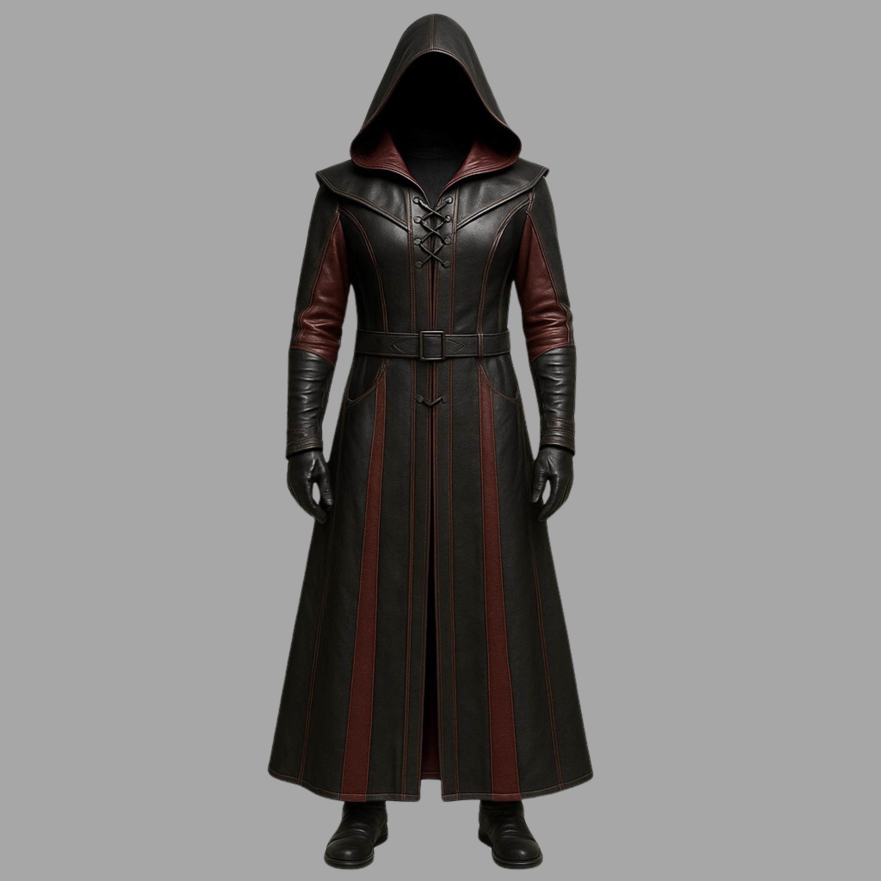 海外代购Assassin◇手作复古刺客连帽风衣长款皮衣Cosplay男装