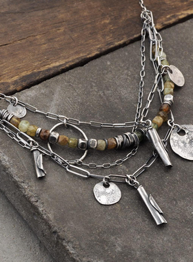 波兰代购Necklace㊣ 手作复古氧化纯银绿色石榴石串珠多层项链