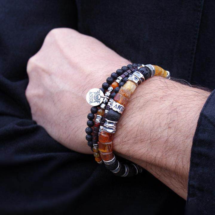 波兰代购Bracelet㊣ 手作天然琥珀熔岩氧化纯银串珠复古风格手链
