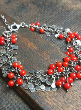 纯银波西米亚天然红色珠银叶手链