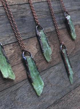 美国代购Necklace㊣ 手作波西米亚天然绿色蓝晶石镶嵌铜电铸项链