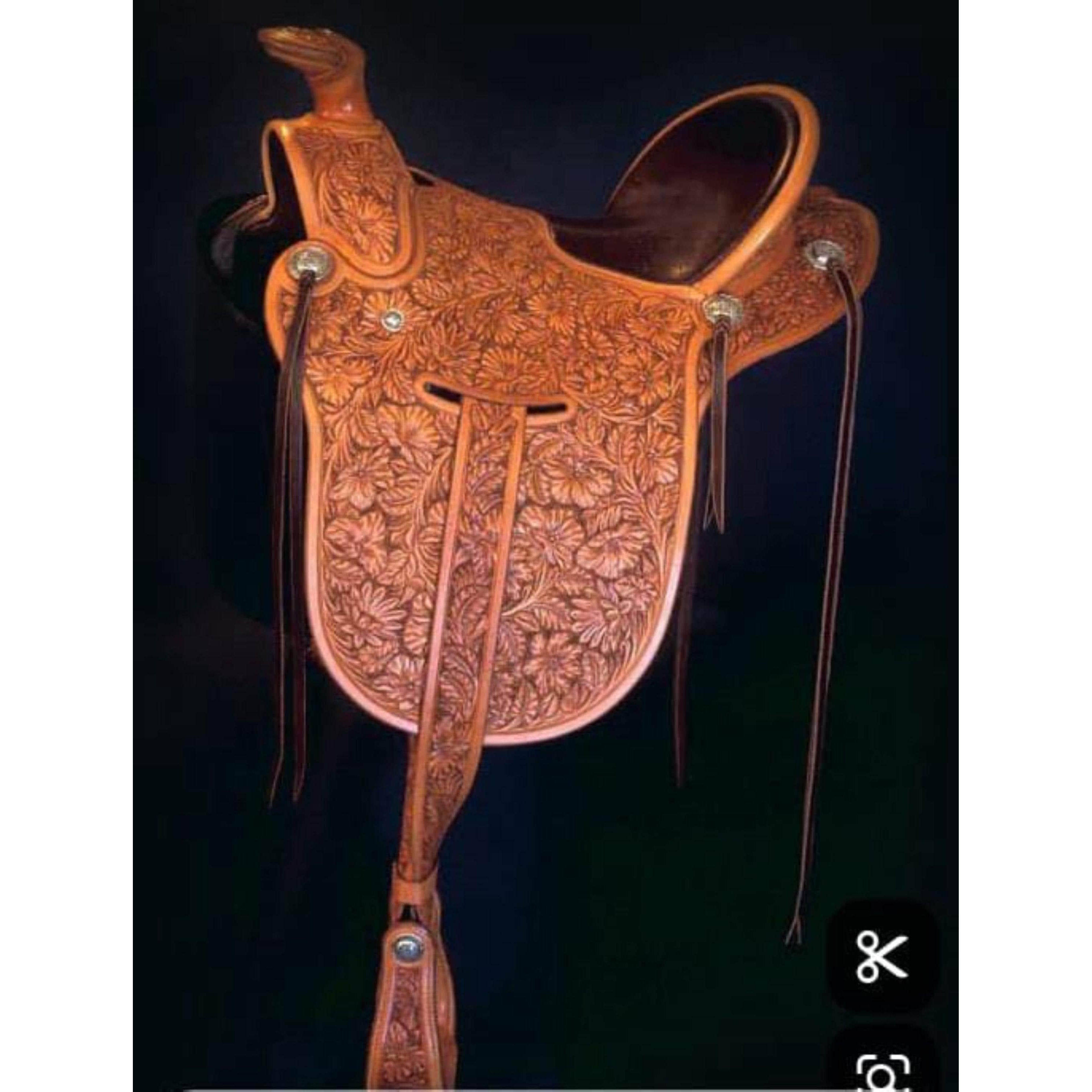 海外代购Saddle◇手作棕色真皮雕刻花卉休闲步道西部盛装舞步马鞍