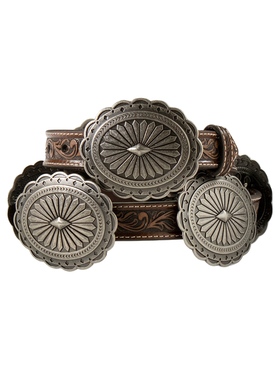 美国代购Concho◇手作大号椭圆形花卉银色扣环圆盘压花皮带腰带