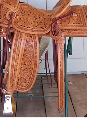 海外代购Saddle◇手作栗色真皮精致雕花头笼胸甲绑带西部套索马鞍