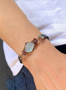 手作海蓝宝三月诞生石皮革手链