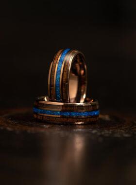 美国代购Blue◇手作复古蓝色欧泊镶嵌玫瑰金钨木8mm指环结婚戒指