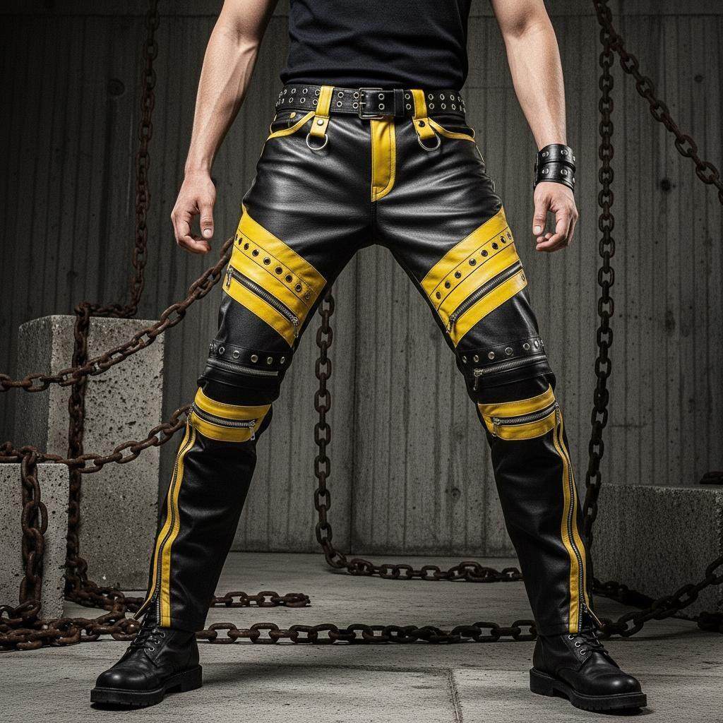 爱尔兰代购Pants㊣ 手作男士牛皮修身机车风撞色拼接铆钉拉链皮裤
