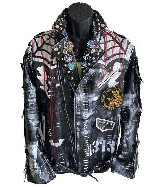 泰国代购Biker◇手作哥特朋克徽章补丁铆钉真皮男士机车夹克皮衣