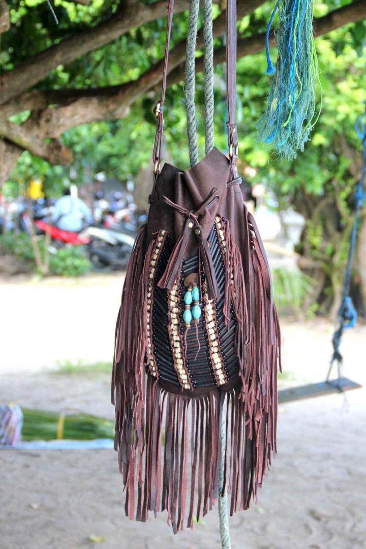 印尼代购Boho◇手作波西米亚部落棕色皮革串珠大号流苏包单肩包