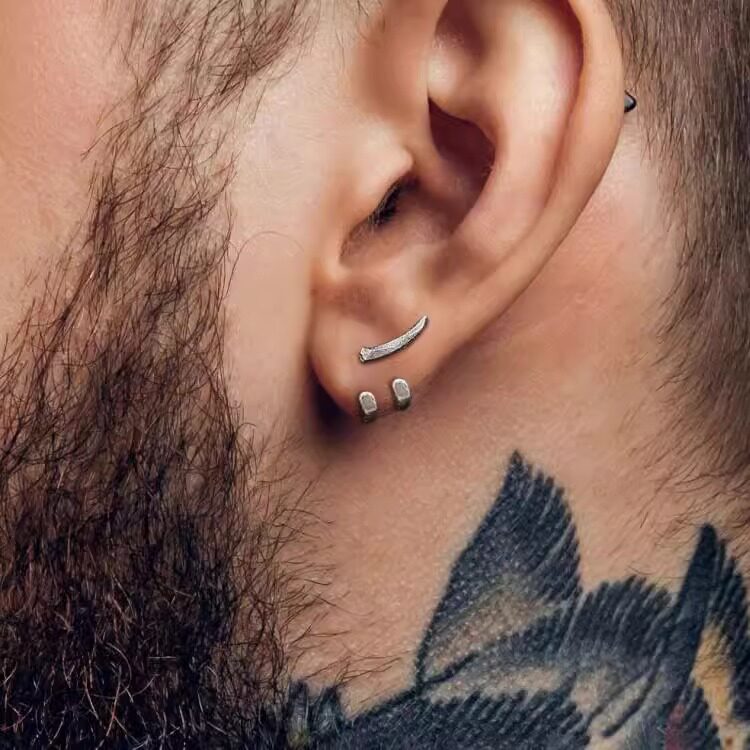英国代购Earrings㊣ 手作简约精致复古纯银V形环状男士耳钉耳环