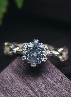 纯银圆形切割钻石宝石镶嵌戒指