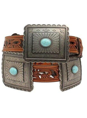 美国代购Concho◇手作复古西部牛仔绿松石镶嵌矩形康乔扣皮带腰带