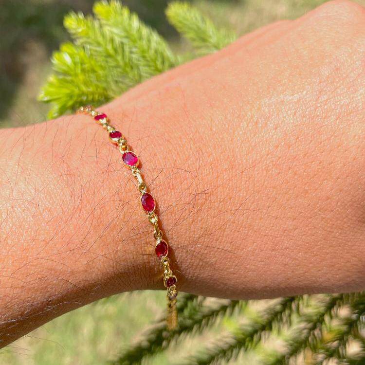 海外代购Bracelet▼手作精致小巧可爱14k 纯金天然红宝石网球手链
