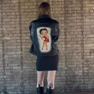 美国代购 古着收藏80年代手绘俏皮可爱卡通娃娃夹克皮衣 Jacket㊣
