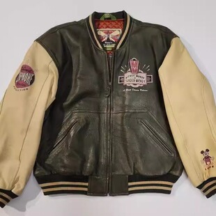美国代购 古着收藏90年代卡通米奇图案拼接皮革夹克皮衣 Jacket㊣