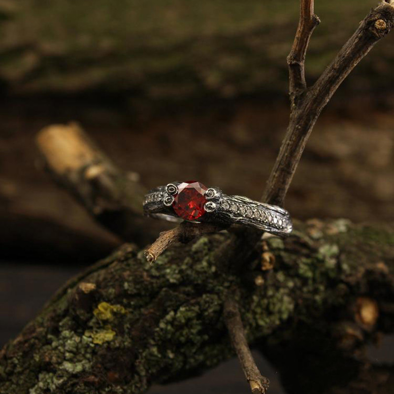 海外代购Garnet◇手作天然石榴石钻石镶嵌14K白金细枝结婚戒指