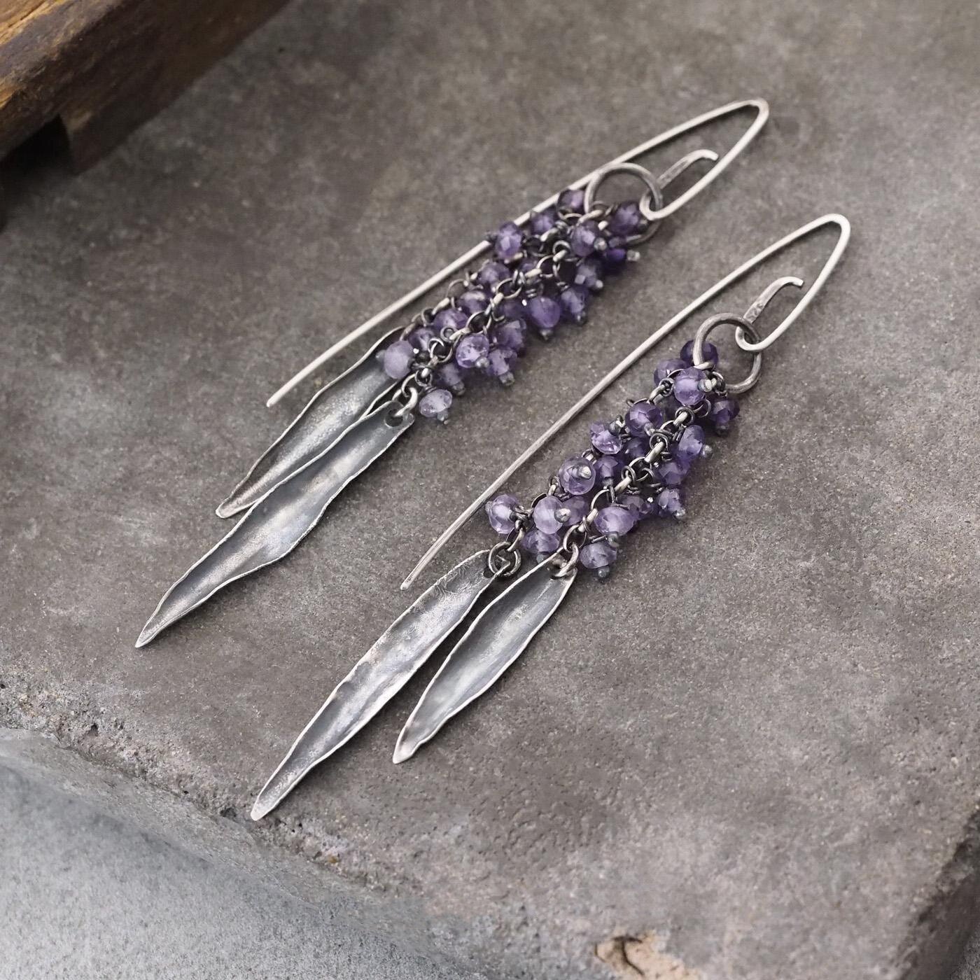 波兰代购Amethyst◇手作波西米亚渐变紫水晶簇宝石氧化纯银耳环