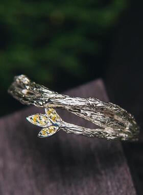 纯银天然黄水晶镶嵌树枝叶子戒指