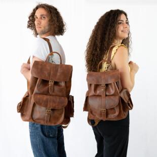 海外代购Cowhide◇手作耐用复古纯色牛皮真皮可调肩带双肩背包