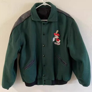 美国代购 古着收藏卡通米奇图案羊毛皮革棒球夹克短外套 Jacket㊣