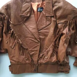 皮衣 古着收藏简约舒适棕色皮革流苏翻领蝙蝠袖 美国代购 Jacket㊣