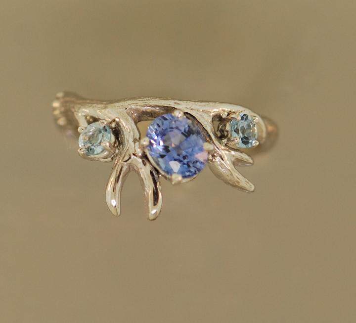 美国代购Elvish◇手作复古精灵鹿角蓝色宝石纯银14K金订婚戒指