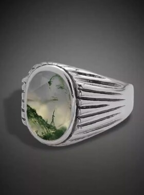 Agate㊣海外代购 手作迷人绿色苔藓玛瑙镶嵌质感舒适925纯银戒指