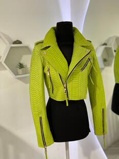 印尼代购Biker◇手作奢华绿色蟒蛇皮女士短款真皮机车夹克皮衣