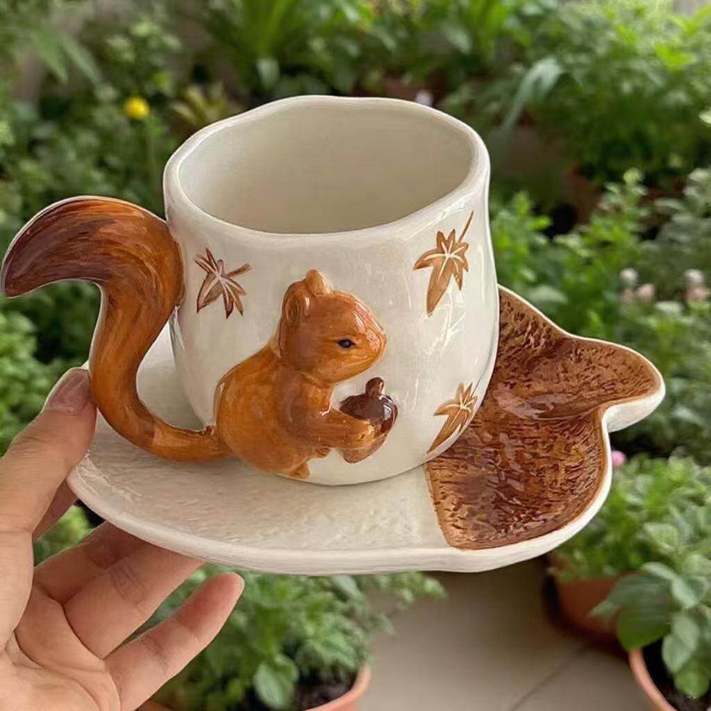 爱尔兰代购Squirrel▽手作动物尾巴手柄咖啡杯松鼠陶瓷杯碟套装