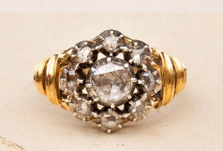英国代购Diamond◇古着1940年代复古14K金玫瑰切割钻石簇镶嵌戒指