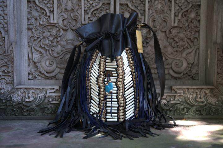 印尼代购Boho◇手作波西米亚部落黑蓝色流苏包串珠皮革女士单肩包