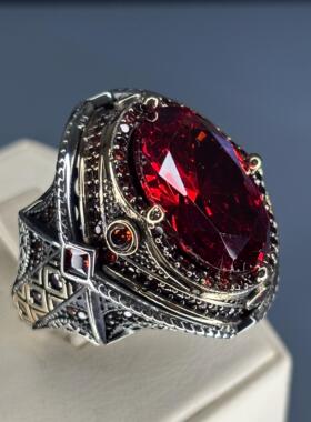 复古纯银椭圆红宝石戒指