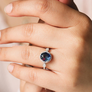 Rings◎手作精致蓝宝石九月诞生石18k白金钻石订婚戒指 印度代购