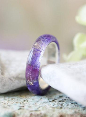 女士树脂紫色野花压花叶子戒指