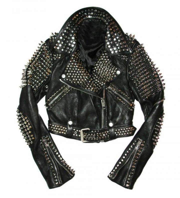 海外代购Biker◇手作朋克机车银色铆钉束腰黑色柔软牛皮夹克皮衣