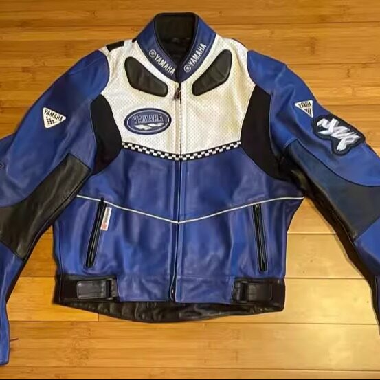 美国代购Racing◇古着复古经典蓝白色皮革摩托车机车皮夹克赛车服