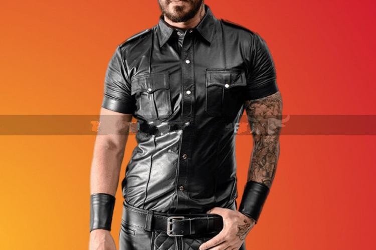 英国代购Biker∞手作经典黑色真皮绵羊皮机车修身短袖衬衫皮衣
