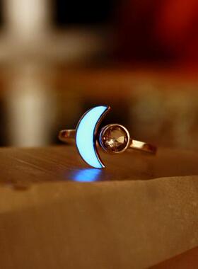 银色月亮月牙可调夜光戒指纯银